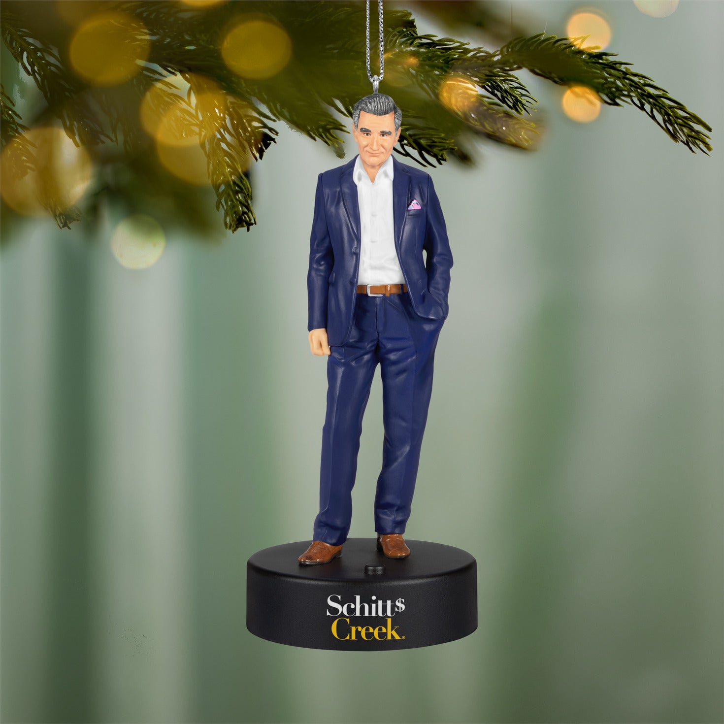 Schitt's Creek® Johnny Rose With Sound — 2026 Hallmark Keepsake Christmas Ornament, standing figure in navy suit with pocket square, indoor holiday decor