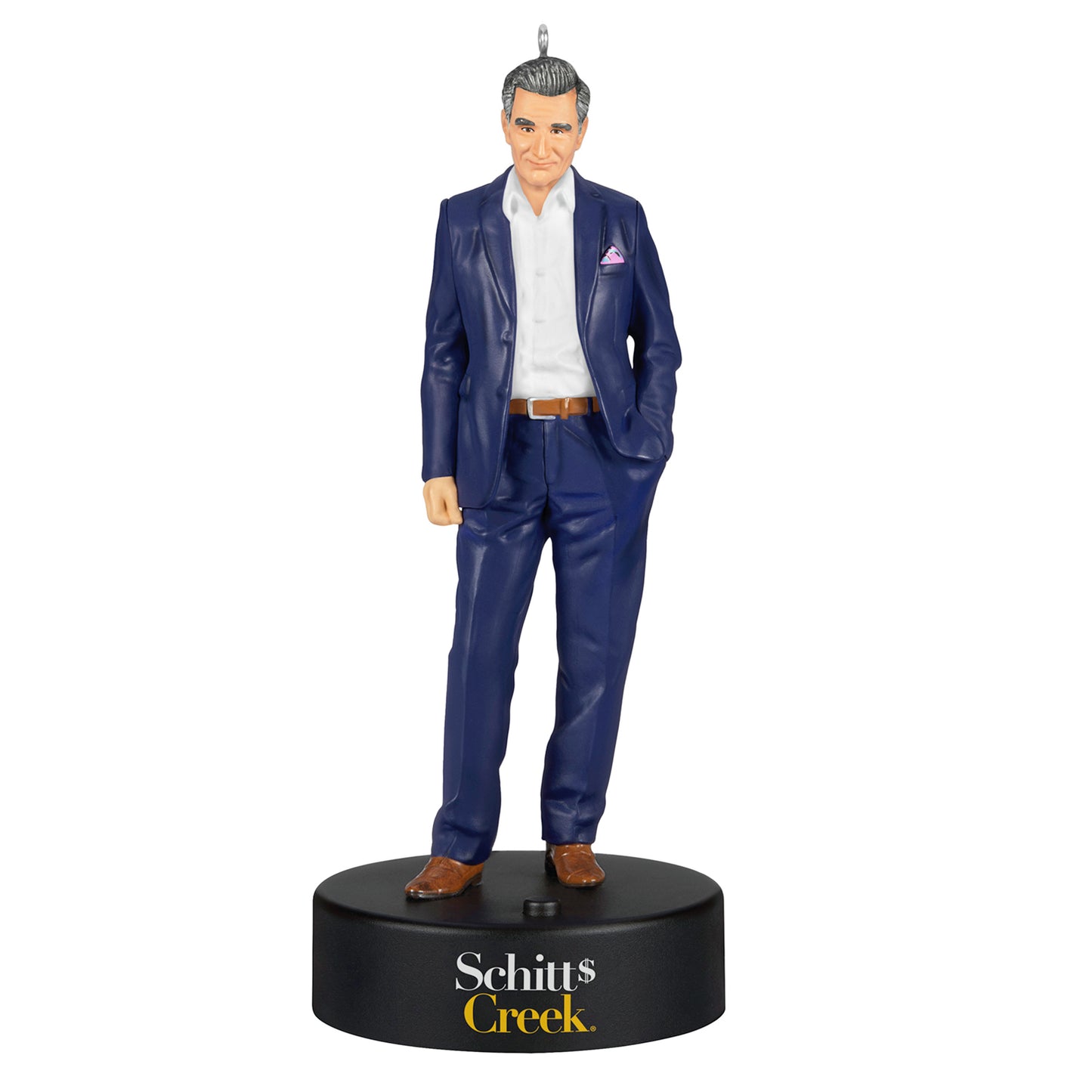 Schitt's Creek® Johnny Rose With Sound — 2026 Hallmark Keepsake Christmas Ornament in navy suit with jaunty pocket square on a display base