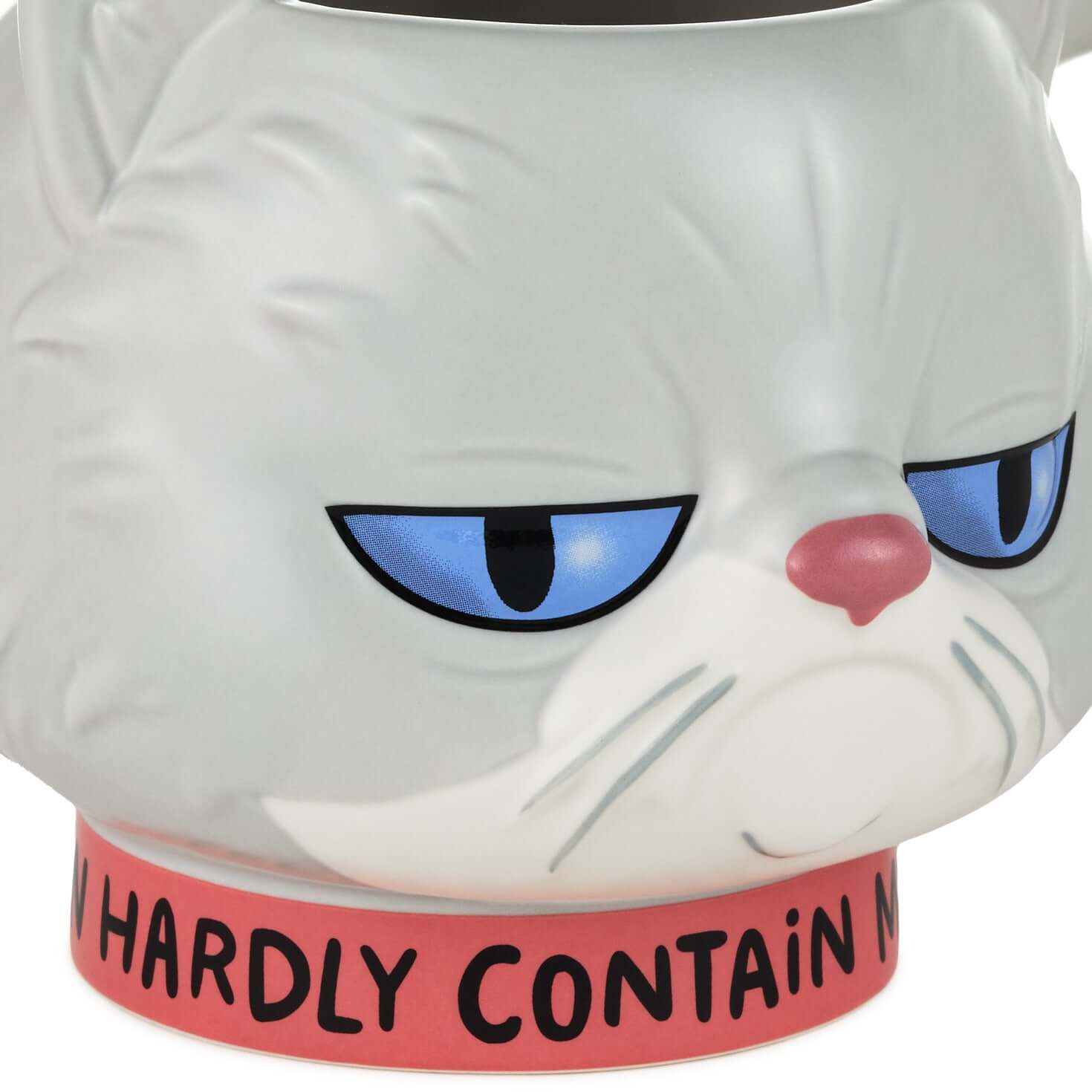 Hallmark Shoebox Sculpted Cat Mug, ceramic, grey colour, close-up of frowning cat face with snarky message.