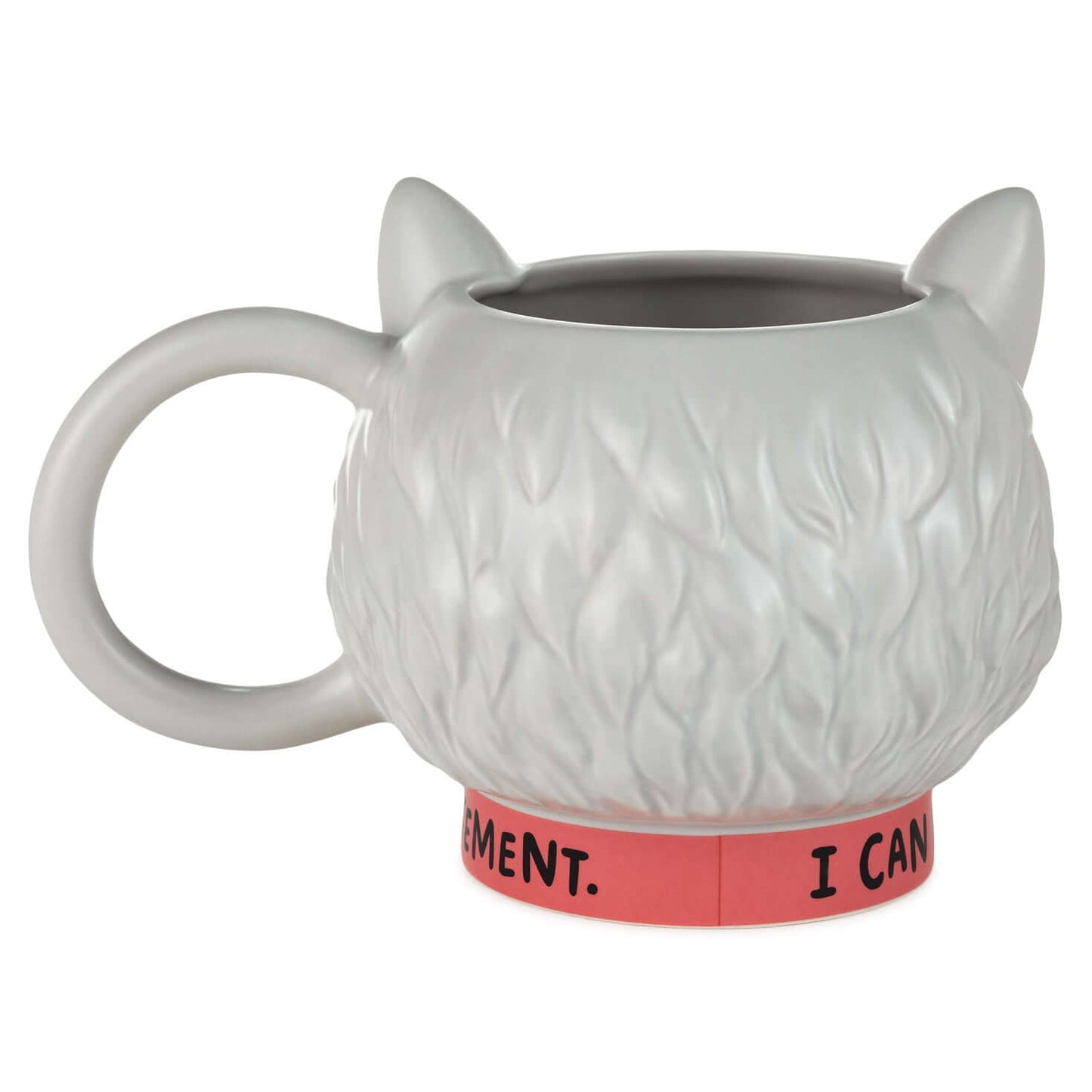 Hallmark Shoebox Sculpted Cat Mug, ceramic, grey, showing furry texture and pink snarky message at the bottom.