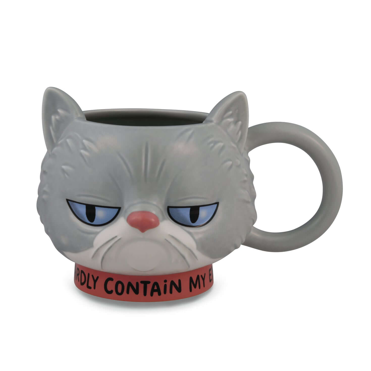 Hallmark Shoebox Sculpted Cat Mug, shaped ceramic, grey feline face, showcasing frowning expression with snarky message.