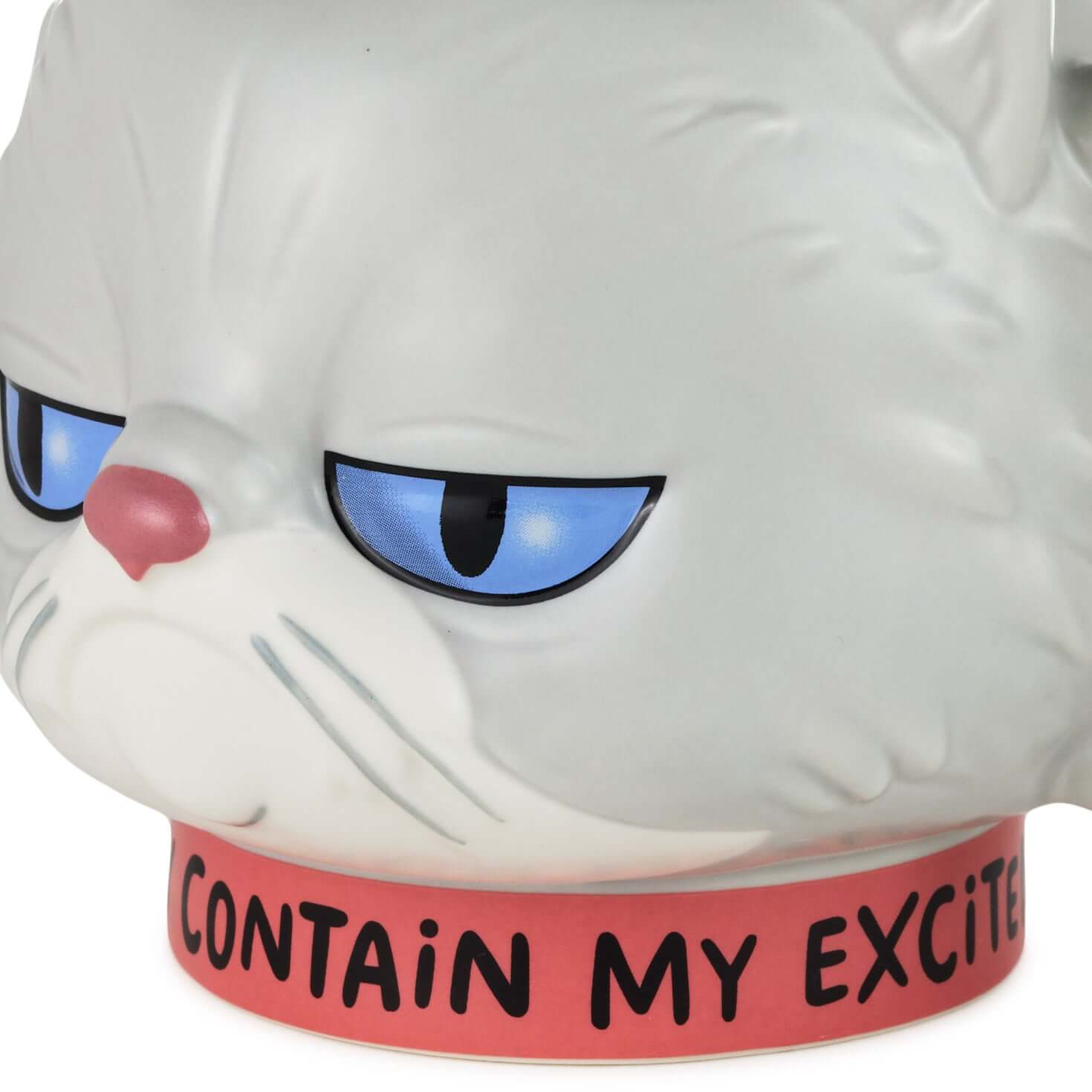 Hallmark Shoebox Sculpted Cat Mug, ceramic, grey, close-up of the cat face with blue eyes and snarky message