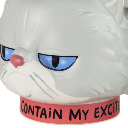 Hallmark Shoebox Sculpted Cat Mug, ceramic, grey, close-up of the cat face with blue eyes and snarky message