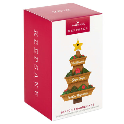Season's Gardenings — Hallmark Keepsake Christmas Ornament packaging featuring tiered garden planter design with Christmas themes.