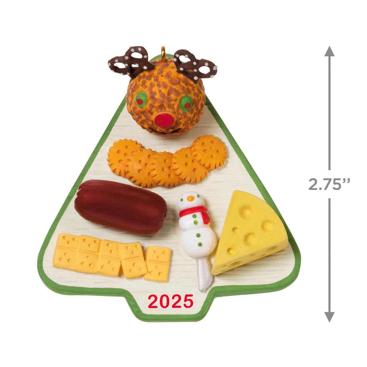 Season's Treatings, 17th in the Series — 2025 Hallmark Keepsake Christmas Ornament, shaped like a charcuterie board with a reindeer cheese ball, flat lay view.