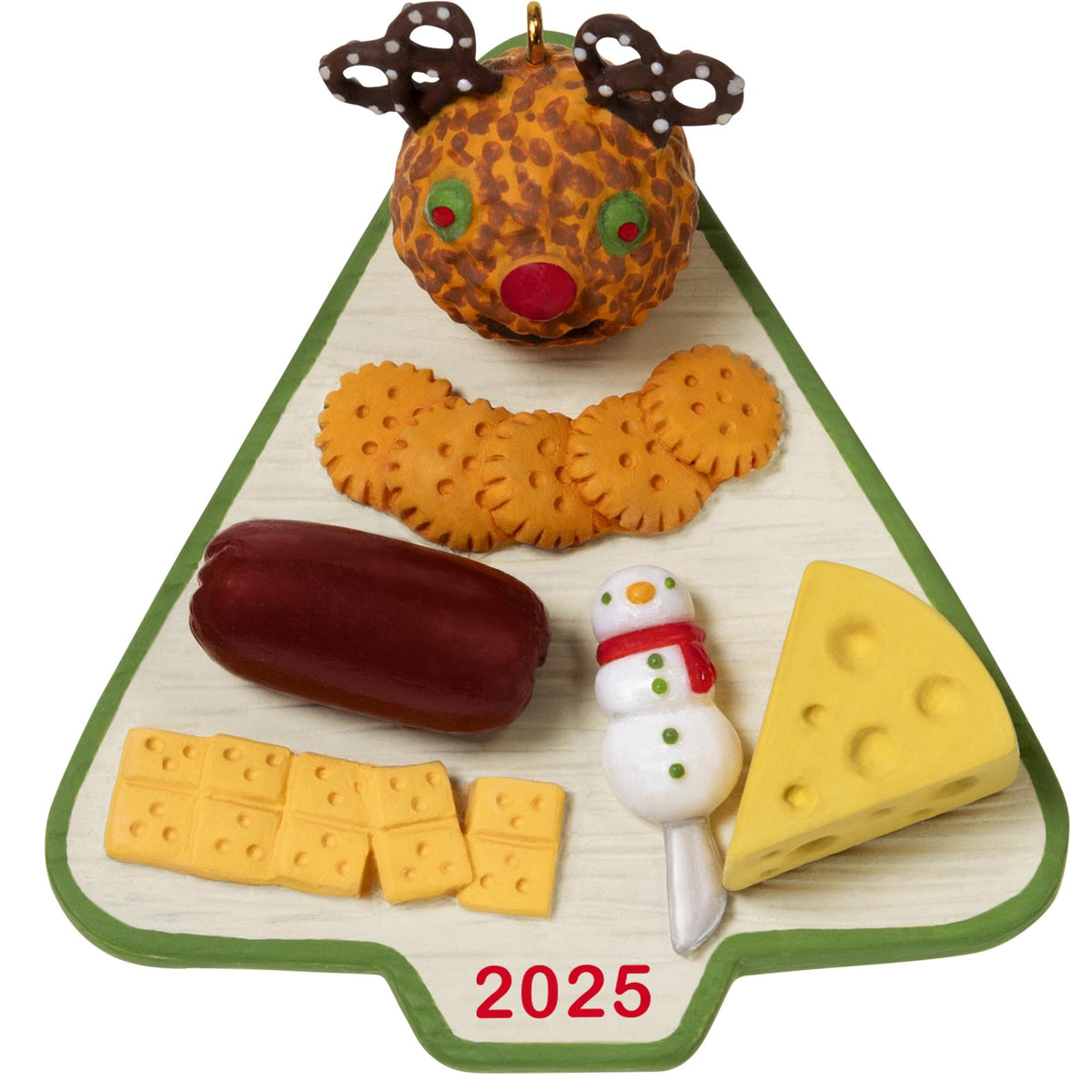 Season's Treatings, 17th in the Series — 2025 Hallmark Keepsake Christmas Ornament, charcuterie board, reindeer cheese ball detail, flat lay view.