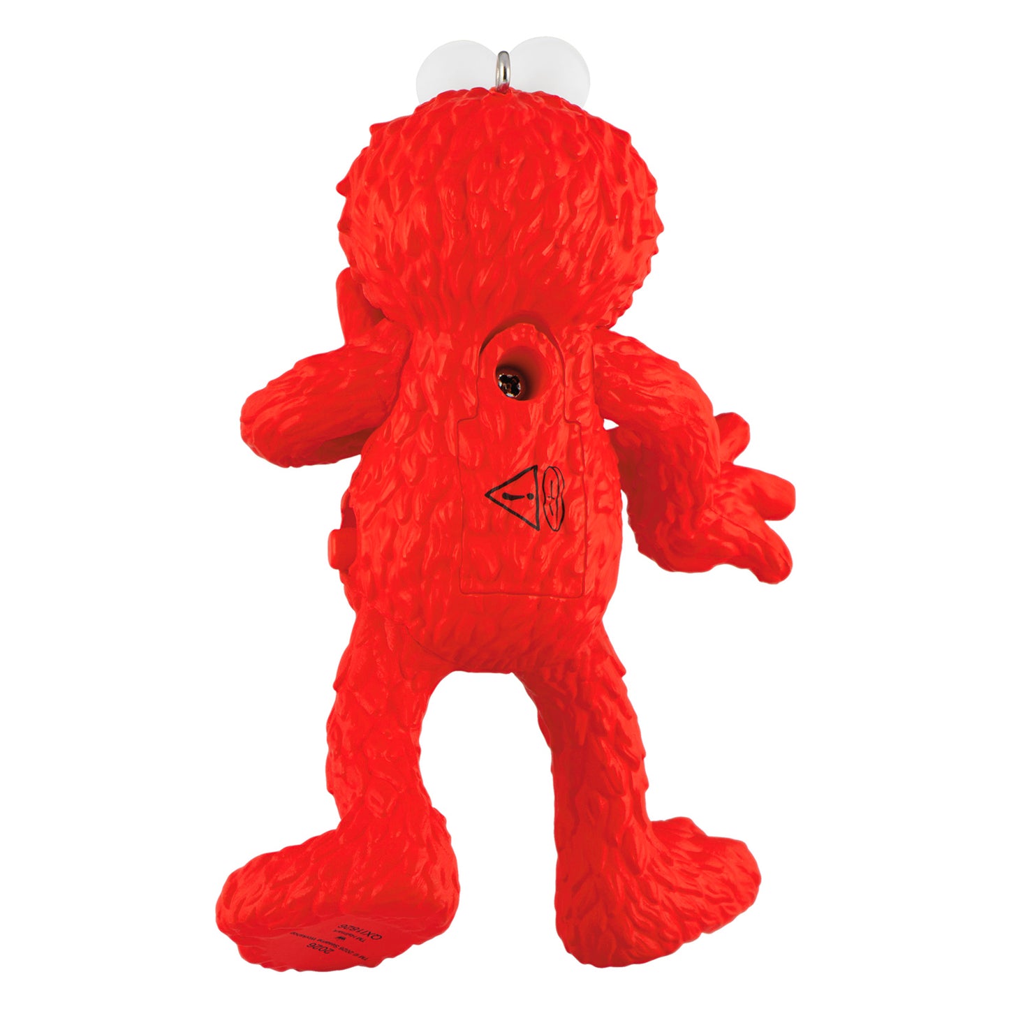 Sesame Street® 30th Anniversary Tickle Me Elmo With Motion-Activated Sound — 2026 Hallmark Keepsake Christmas Ornament, back view detailing red fur and battery compartment.