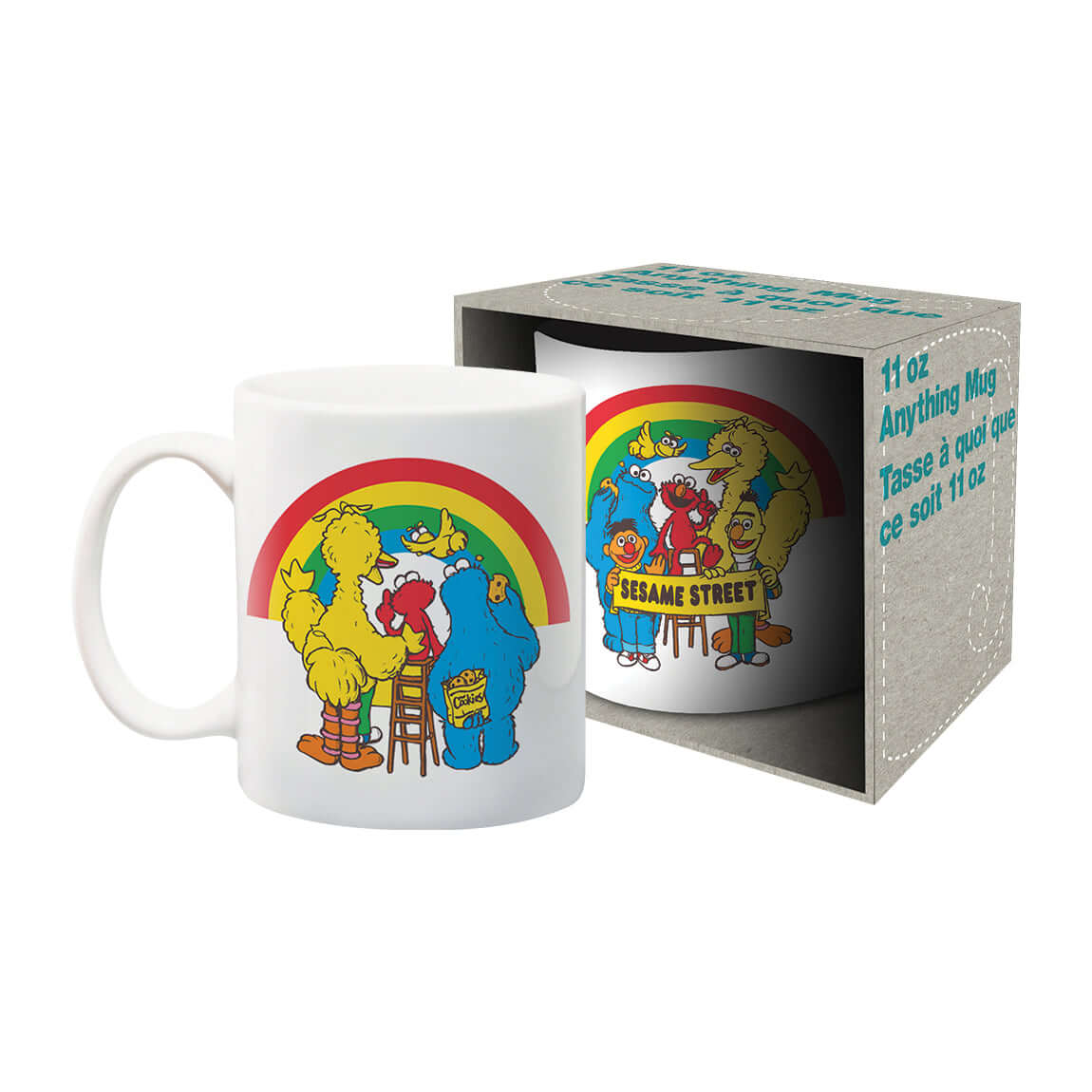 Sesame Street - Cast Ceramic Mug featuring colourful characters on a white backdrop, shown with an angled view in gift box.