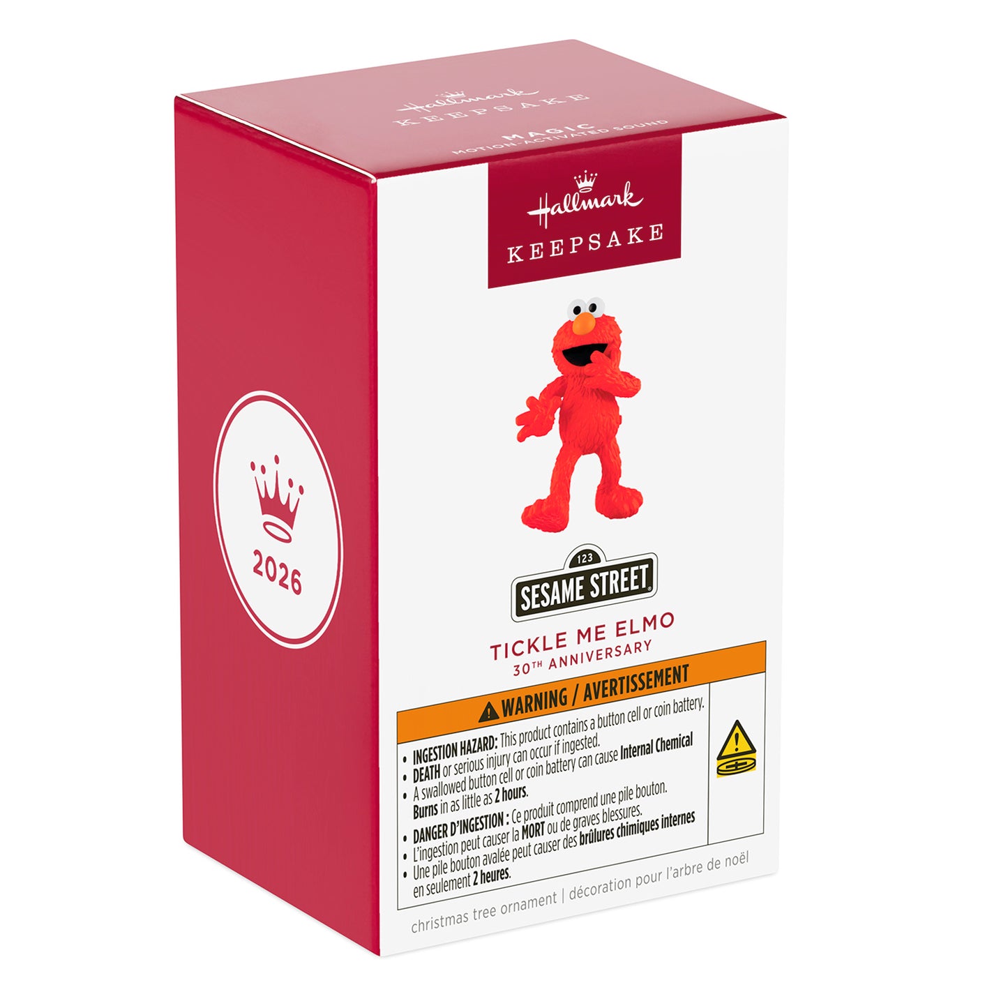 Sesame Street® 30th Anniversary Tickle Me Elmo With Motion-Activated Sound — 2026 Hallmark Keepsake Christmas Ornament in packaging, with safety warnings visible.