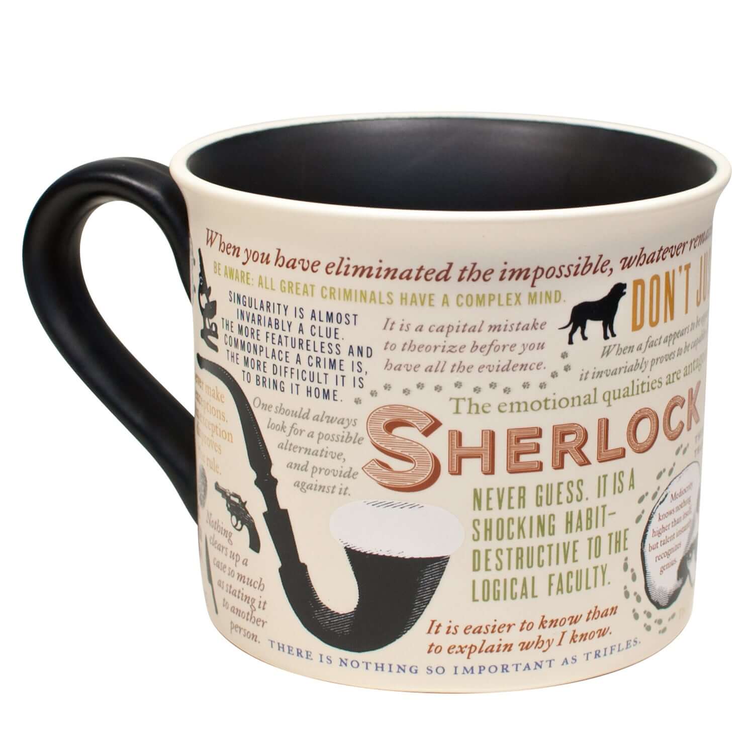 Unemployed Philosophers Guild - Sherlock Holmes Mug with detailed quotes and images, shown in a side view.