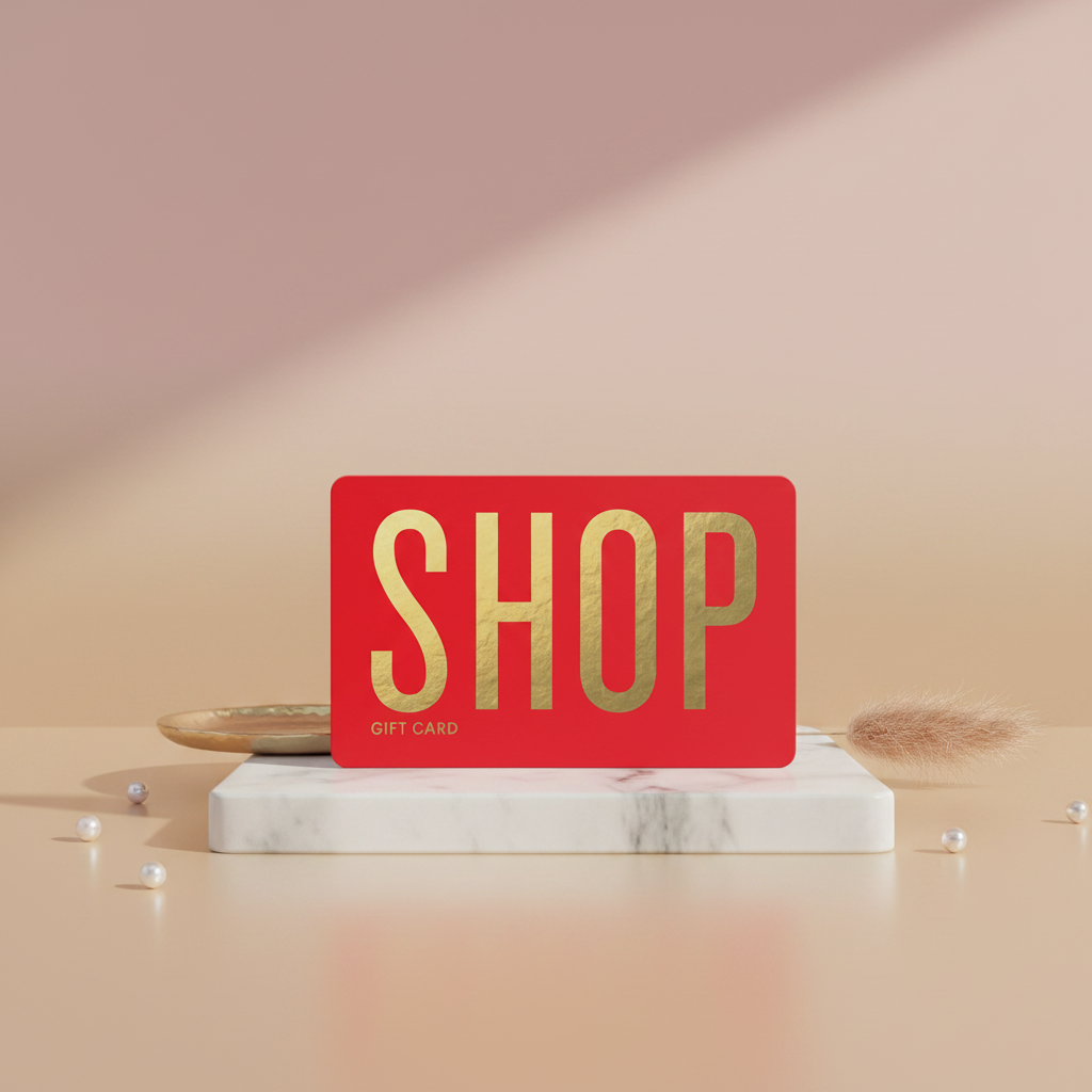 Red gift card with 'SHOP' in gold on a marble stand against a pink background