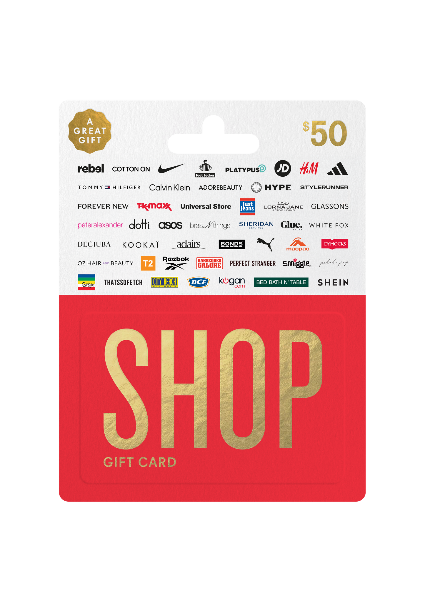 Red 'Shop' gift card with brand logos on a white background