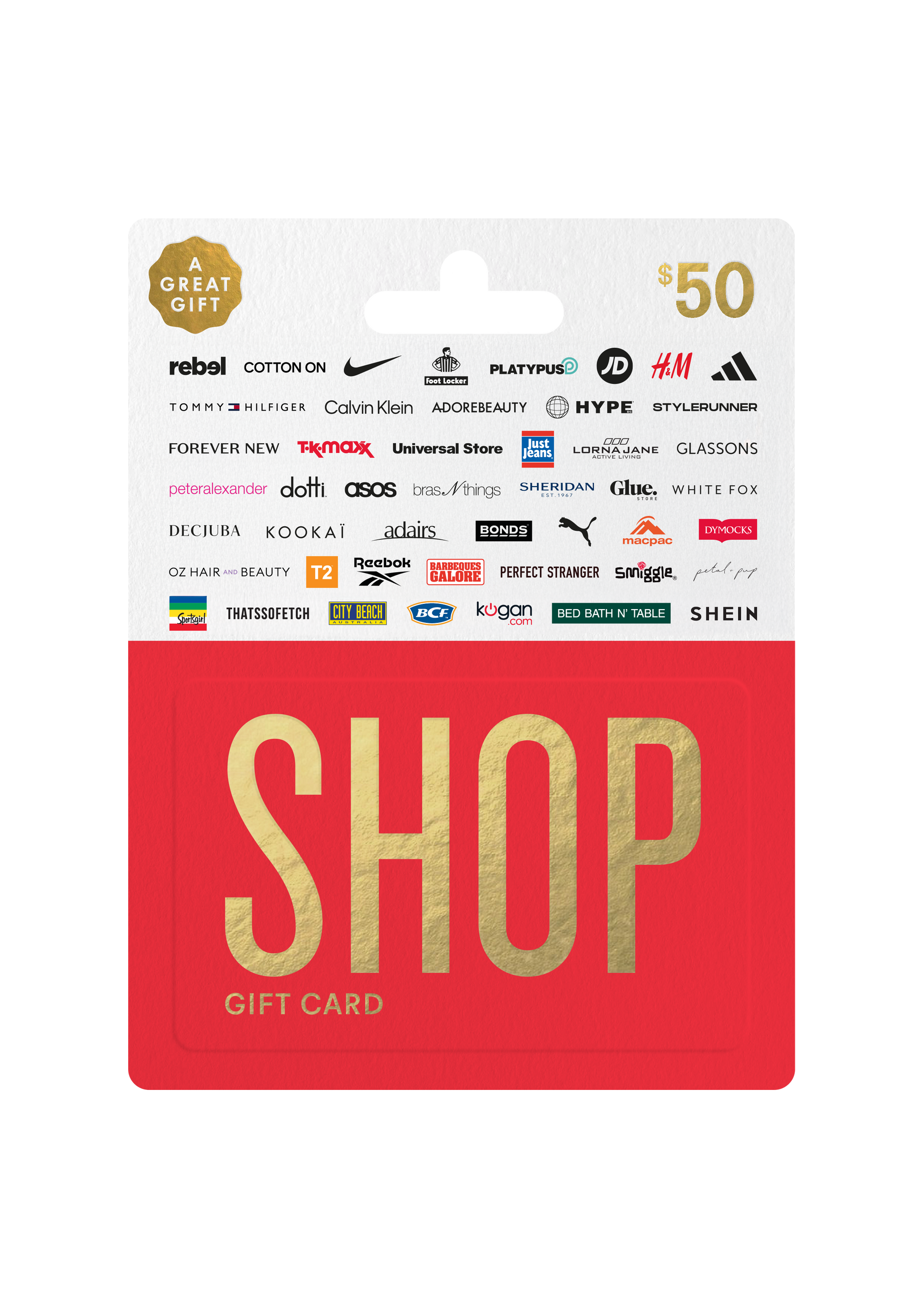 Red 'Shop' gift card with brand logos on a white background