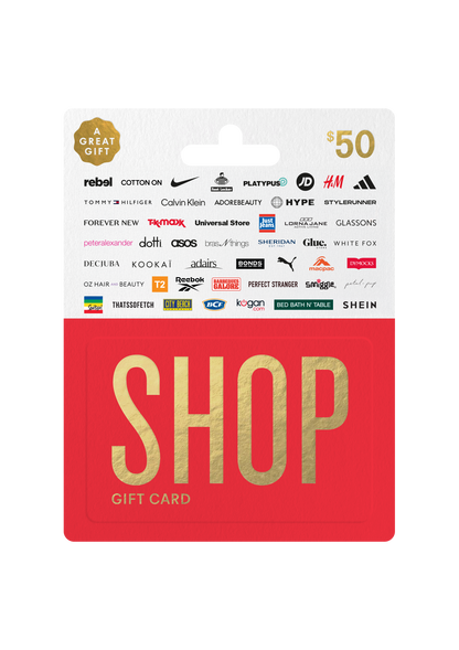 Red 'Shop' gift card with brand logos on a white background