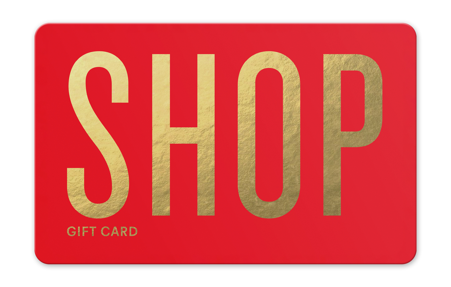 Red gift card with gold 'SHOP' text on a white background
