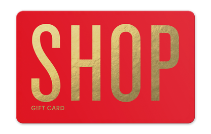 Red gift card with gold 'SHOP' text on a white background