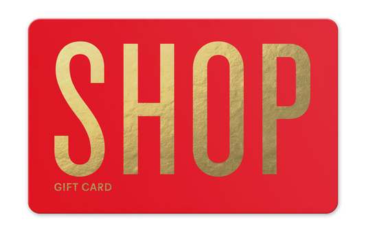 Red gift card with gold 'SHOP' text on a white background