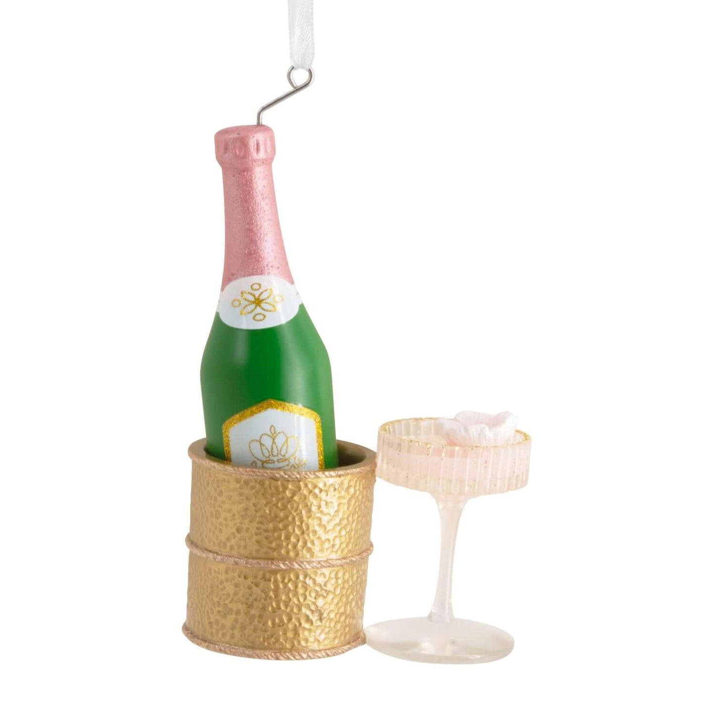 Signature Champagne - Hallmark Christmas Ornament featuring a bottle in a gold chiller with a delicate glass and flower detail.
