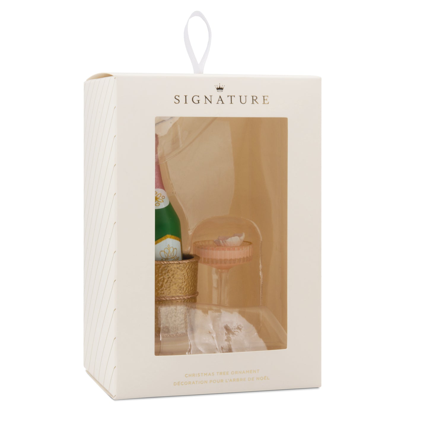 Signature Champagne - Hallmark Christmas Ornament in gift packaging featuring a champagne bottle and floral coupe glass.