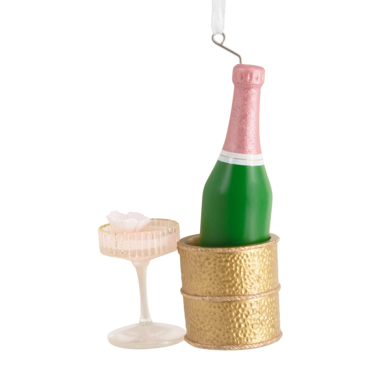Signature Champagne - Hallmark Christmas Ornament featuring a green bottle and gold chiller with a coupe glass in a close-up view.