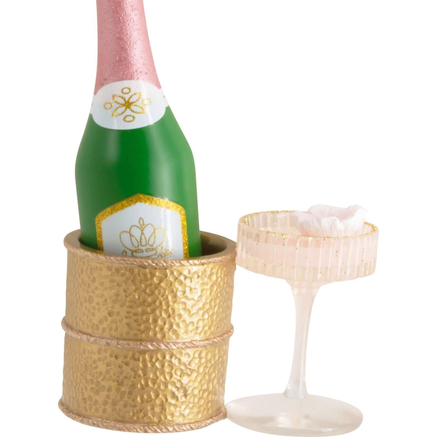 Signature Champagne - Hallmark Christmas Ornament in gold chiller with pink bottle and elegant coupe glass featuring a flower.