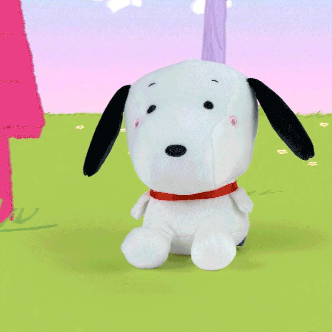 Peanuts® Better Together — Snoopy and Woodstock Magnetic Plush, 5.25" in a seated position with black ears and red collar against a colourful background.