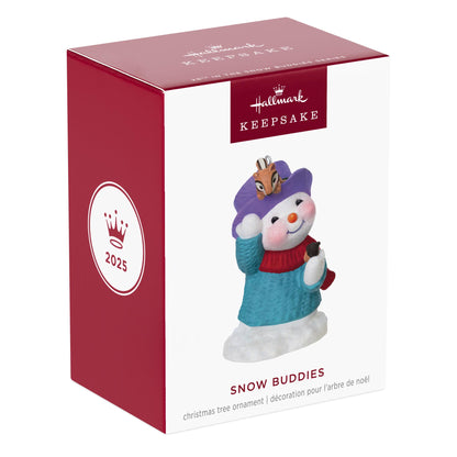 Snow Buddies, 28th in the Series — 2025 Hallmark Keepsake Christmas Ornament, boxed, featuring a snowman and chipmunk.