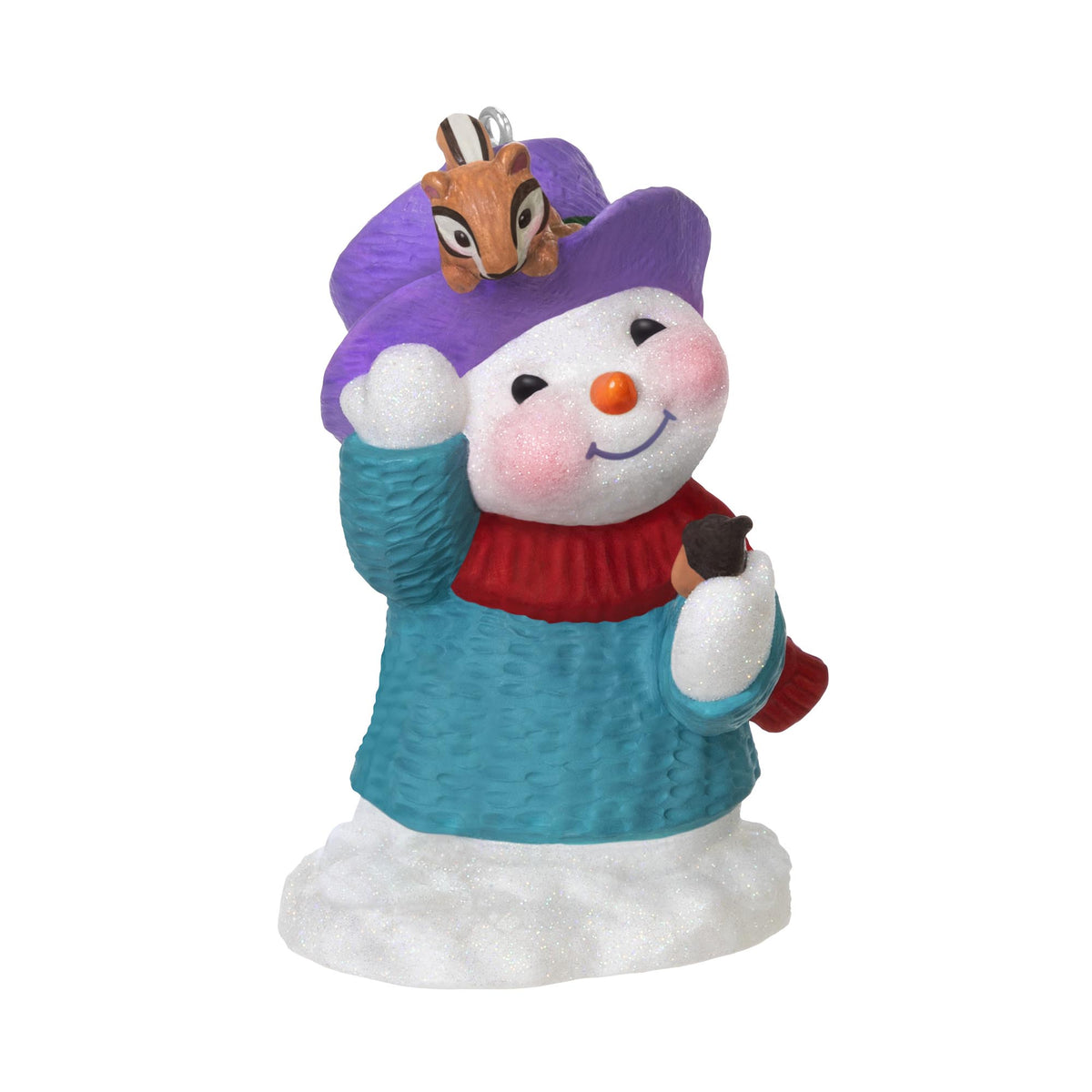 Snow Buddies, 28th in the Series — 2025 Hallmark Keepsake Christmas Ornament featuring a snowman in a blue sweater, holding an acorn with a chipmunk.