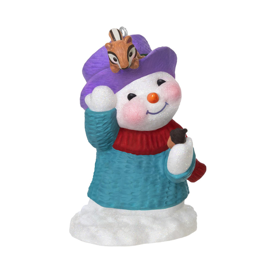 Snow Buddies, 28th in the Series — 2025 Hallmark Keepsake Christmas Ornament featuring a snowman in a blue sweater, holding an acorn with a chipmunk.