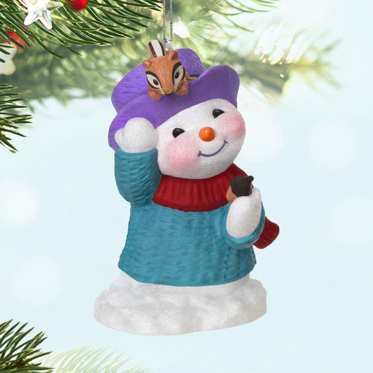 Snow Buddies, 28th in the Series — 2025 Hallmark Keepsake Christmas Ornament, vibrant colour, featuring a snowman and chipmunk detail, on a snowy base.