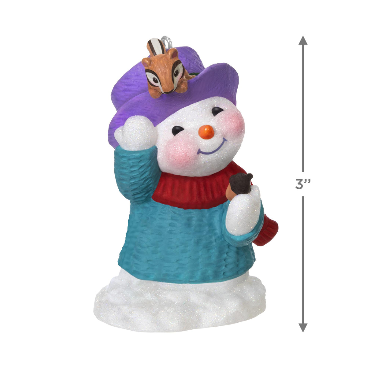 Snow Buddies, 28th in the Series — 2025 Hallmark Keepsake Christmas Ornament featuring a snowman in a vibrant blue sweater, holding an acorn.