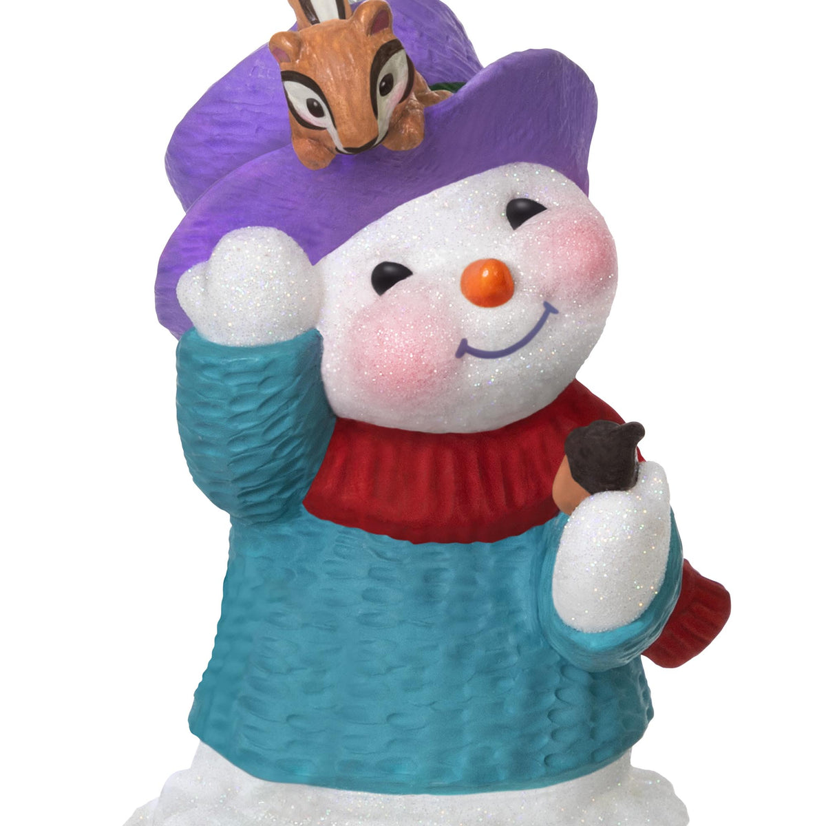 Snow Buddies, 28th in the Series — 2025 Hallmark Keepsake Christmas Ornament, colourful snowman holding acorn with chipmunk on hat, detailed view.