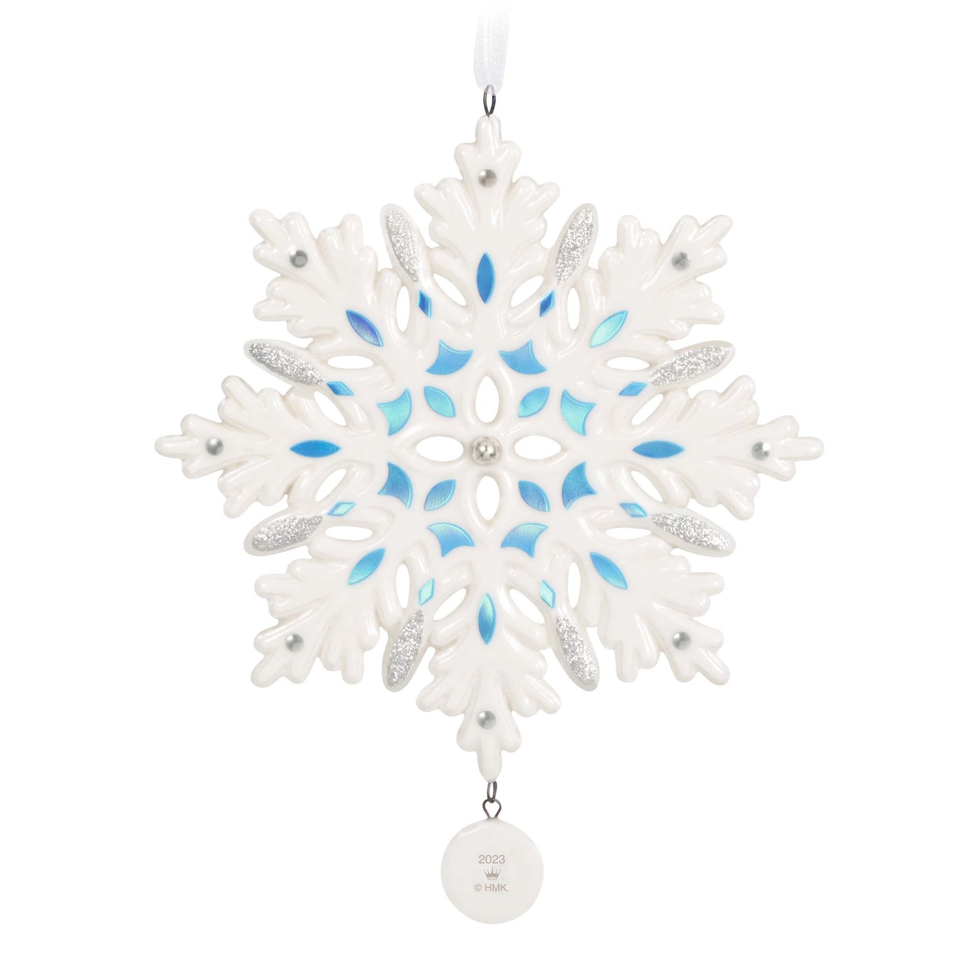 Snowflake (Porcelain) — 2023 Hallmark Keepsake Christmas Ornament, white with blue accents and silver beads, close-up detail.