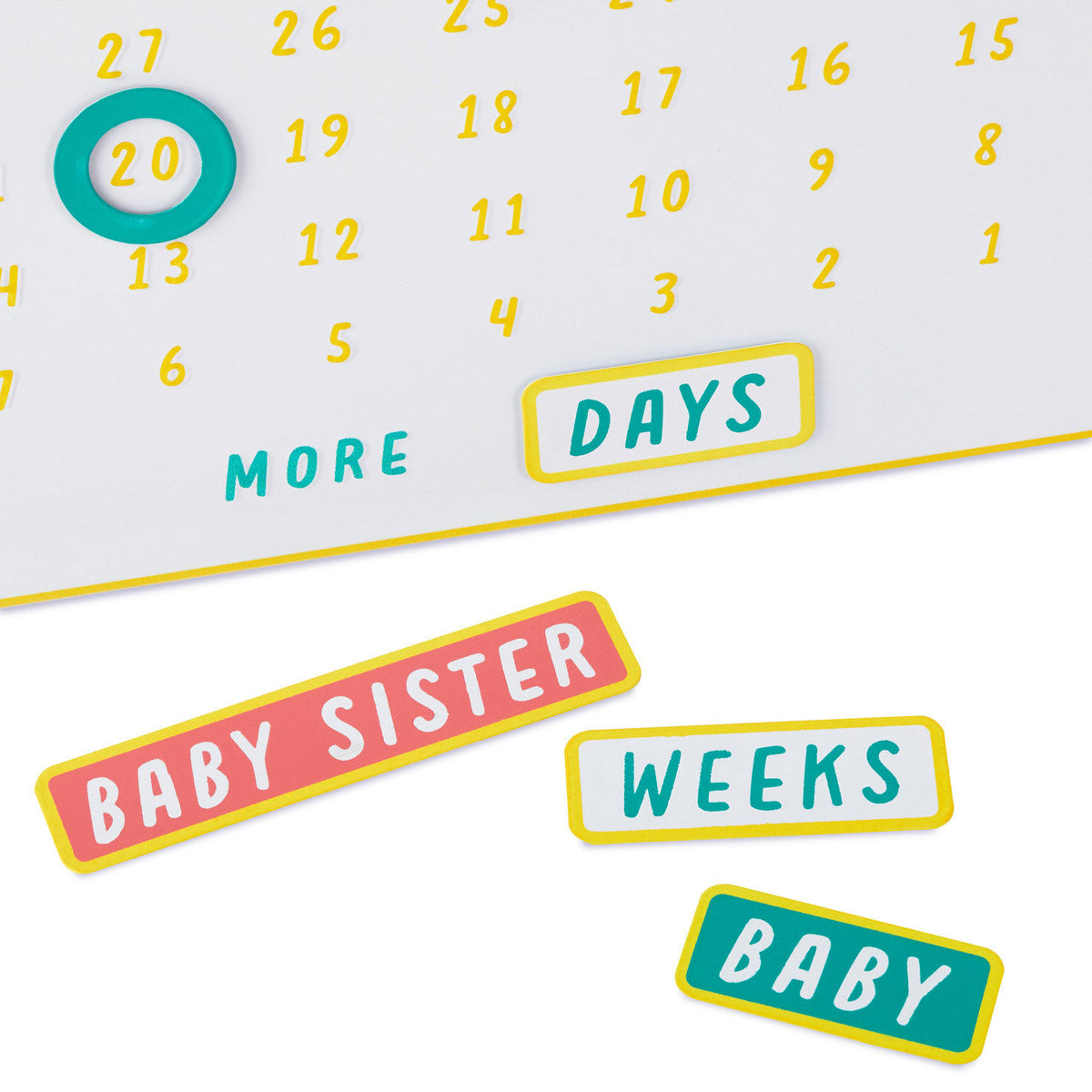 So Excited to Meet You Magnetic Baby Countdown Board showing colourful magnetic stickers including 'days', 'weeks', and 'baby sister' on a white metal calendar.
