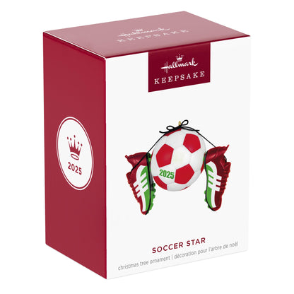 Soccer Star — 2025 Hallmark Keepsake Christmas Ornament in a gift box featuring a soccer ball and red-green cleats, year-dated.