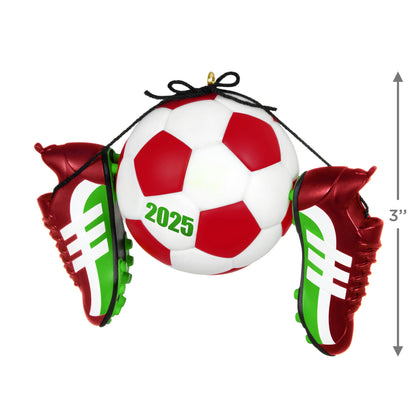 Soccer Star — 2025 Hallmark Keepsake Christmas Ornament, colourful soccer ball with red and green cleats, detailed view.