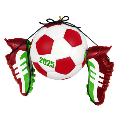 Soccer Star — 2025 Hallmark Keepsake Christmas Ornament featuring a decorated soccer ball and gleaming red-green cleats, close-up view.