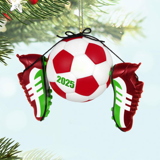 Soccer Star — 2025 Hallmark Keepsake Christmas Ornament featuring a vibrant soccer ball and colourful cleats, close up view.
