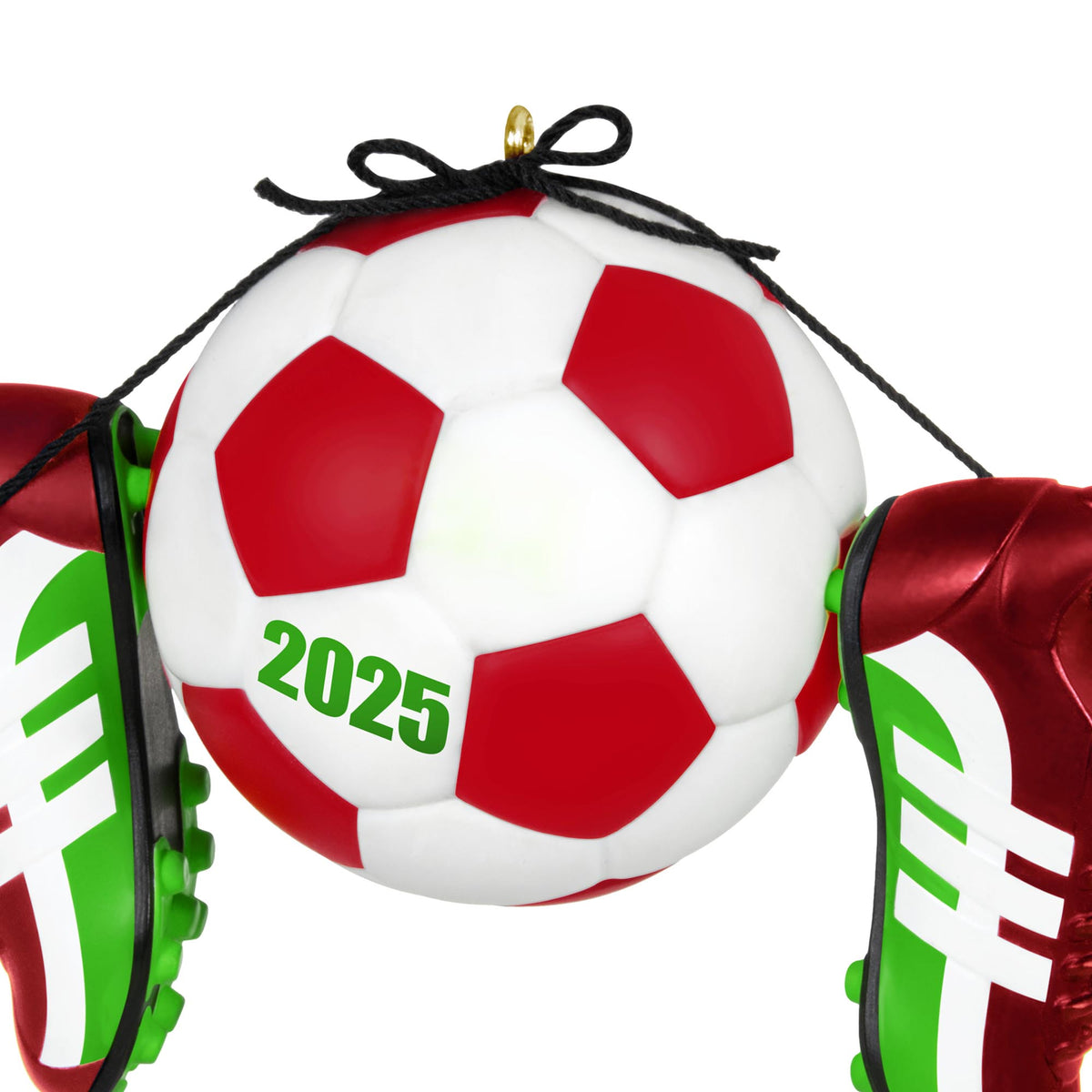 Soccer Star — 2025 Hallmark Keepsake Christmas Ornament featuring a festive soccer ball and red-green cleats, close-up view.