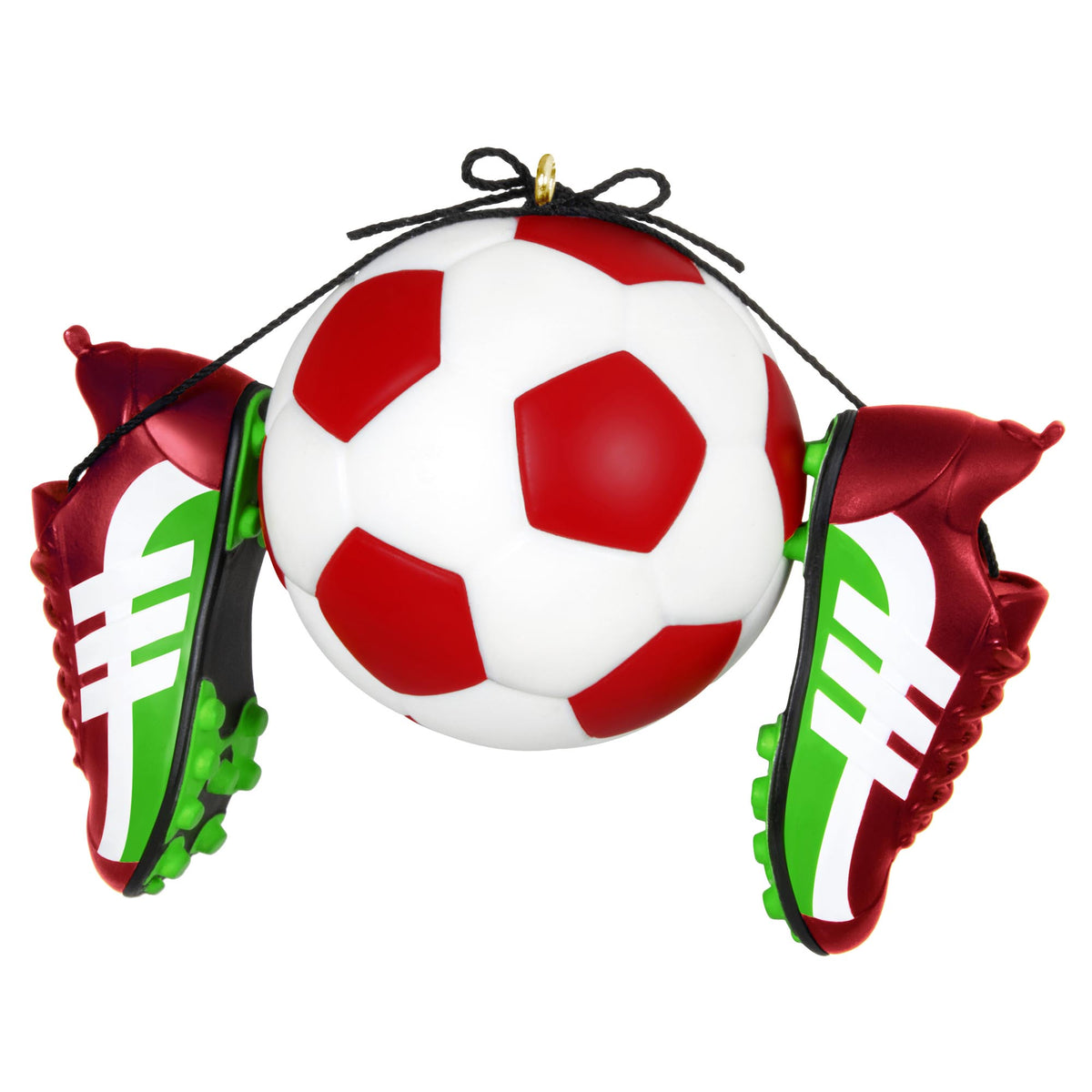 Soccer Star — 2025 Hallmark Keepsake Christmas Ornament, colourful soccer ball and shiny red and green cleats, detailed view.