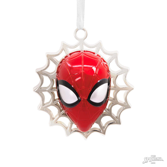 Hallmark Christmas Ornament (Marvel Spider-Man Premium Metal) featuring a vibrant red Spider-Man face on a silver web design, close-up view.