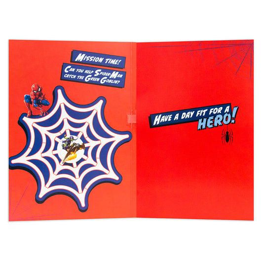 Hallmark Interactive Sound Card - Spider-man with a fun activity inside, featuring Spider-Man and Green Goblin graphics on a vibrant red background.