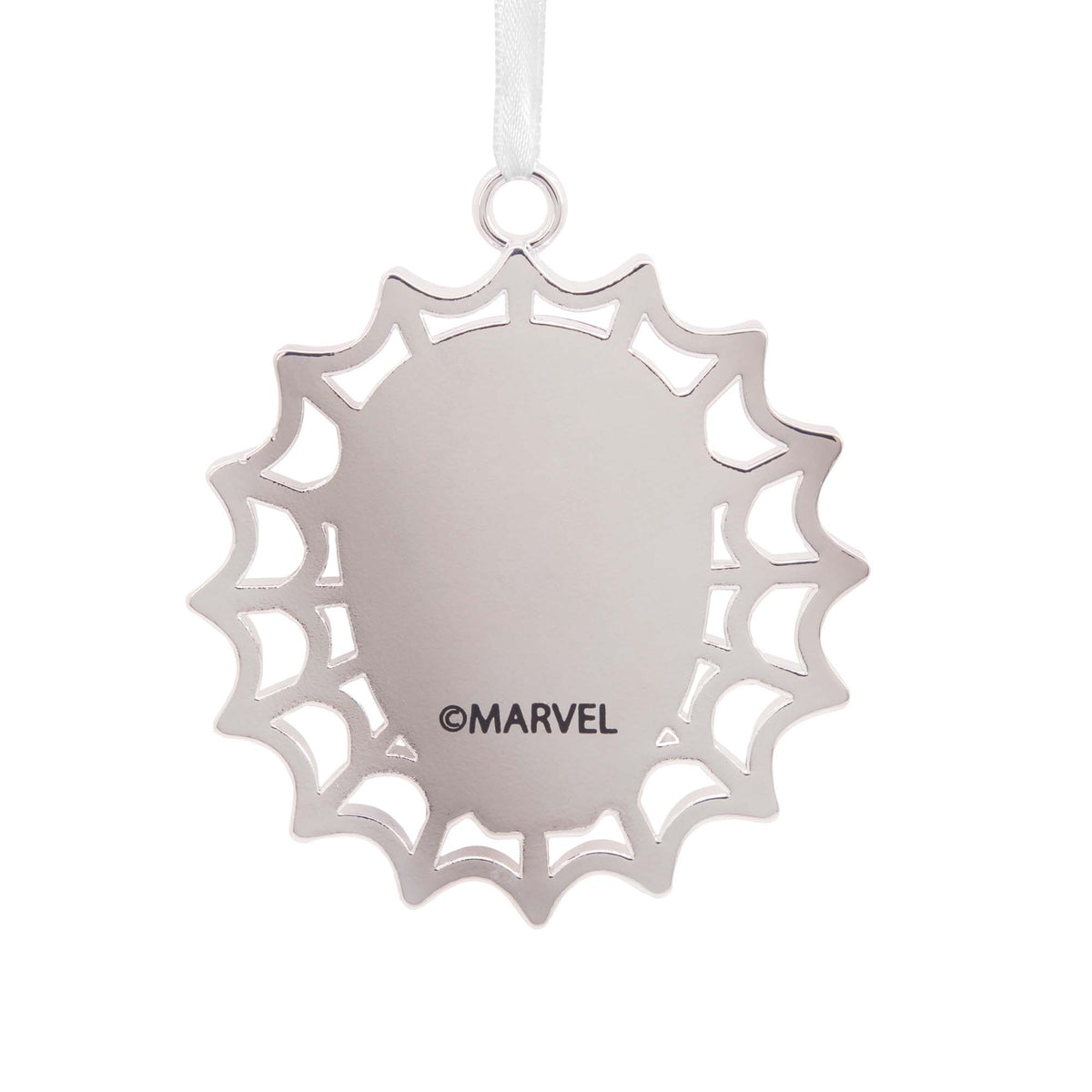 Hallmark Christmas Ornament (Marvel Spider-Man Premium Metal) featuring a shiny silver Spider-Man face on a web design, back view.