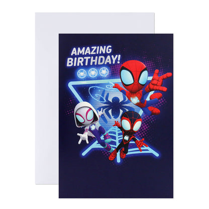 Hallmark Interactive Sound Card - Spidey & His Amazing Friends birthday card featuring Spidey and friends with vibrant colours and cheerful design.