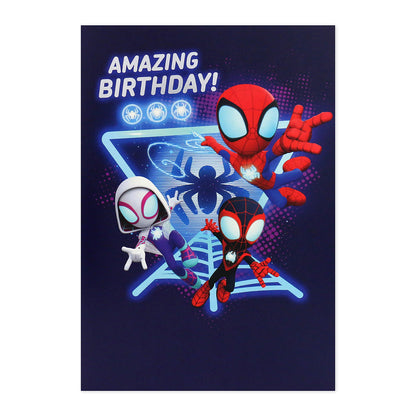 Hallmark Interactive Sound Card - Spidey & His Amazing Friends featuring Spidey and friends on a dark background with 'Amazing Birthday!' message.