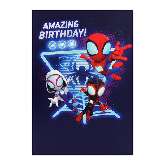 Hallmark Interactive Sound Card - Spidey & His Amazing Friends featuring Spidey and friends on a dark background with 'Amazing Birthday!' message.