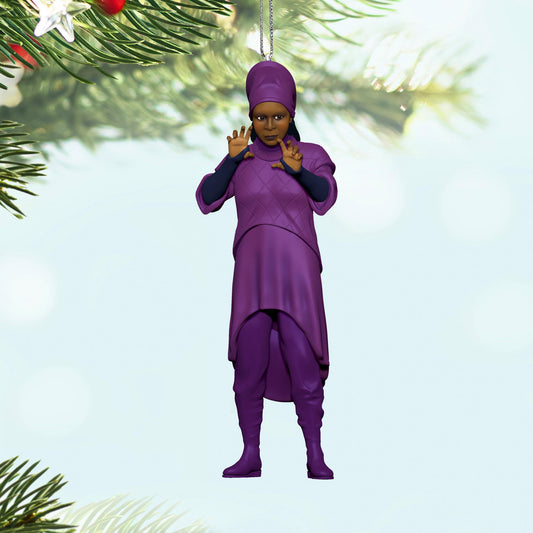 Star Trek™: The Next Generation, Guinan — 2025 Hallmark Keepsake Christmas Ornament in purple attire, hanging from a festive tree branch.