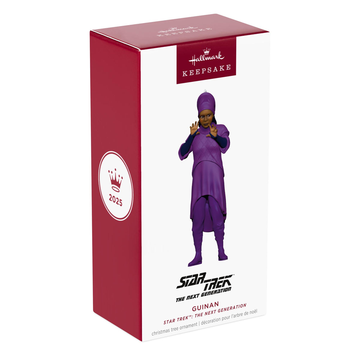 Star Trek™: The Next Generation, Guinan — 2025 Hallmark Keepsake Christmas Ornament in box with character details and vibrant colours.
