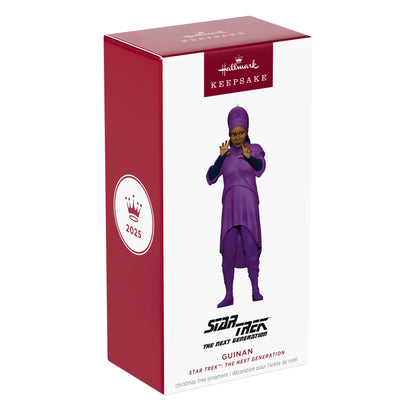 Star Trek™: The Next Generation, Guinan — 2025 Hallmark Keepsake Christmas Ornament in box with character details and vibrant colours.