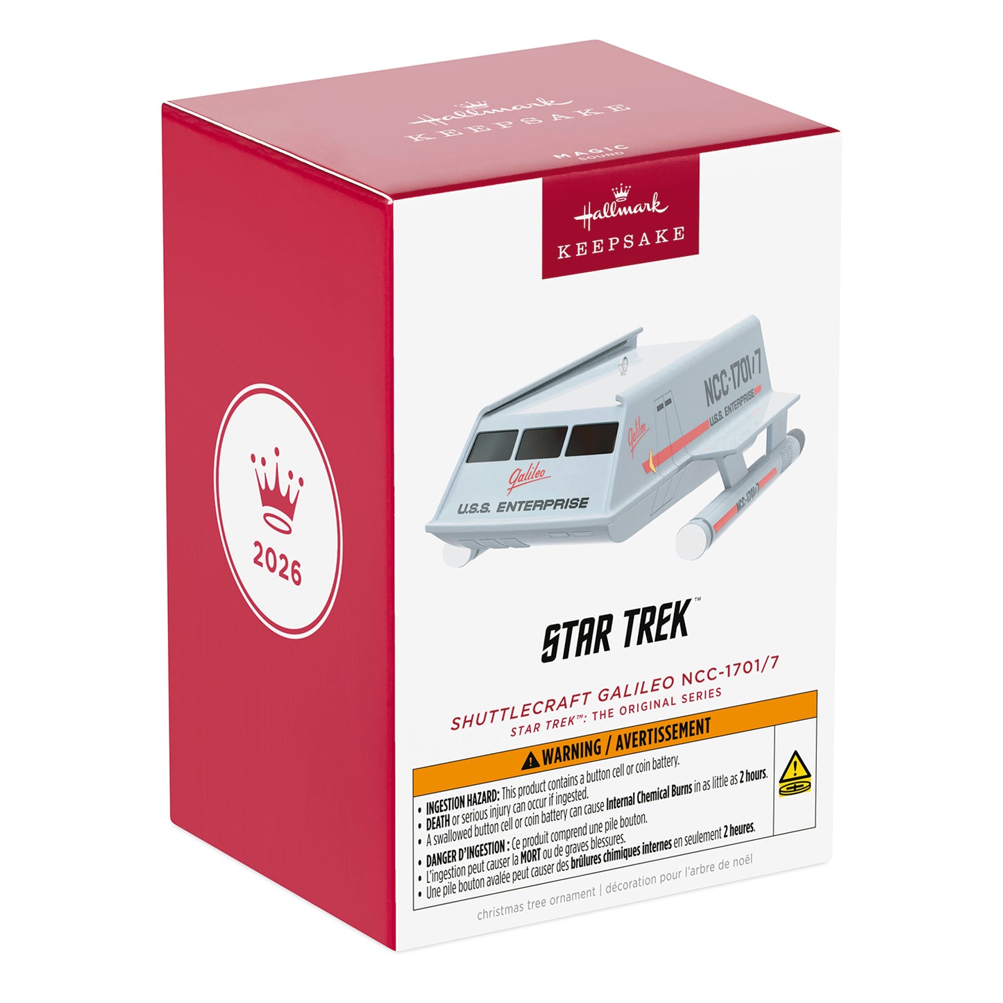 Star Trek™: The Original Series Shuttlecraft Galileo NCC-1701/7 With Sound — 2026 Hallmark Keepsake Christmas Ornament packaging box showing detailed design and logo.